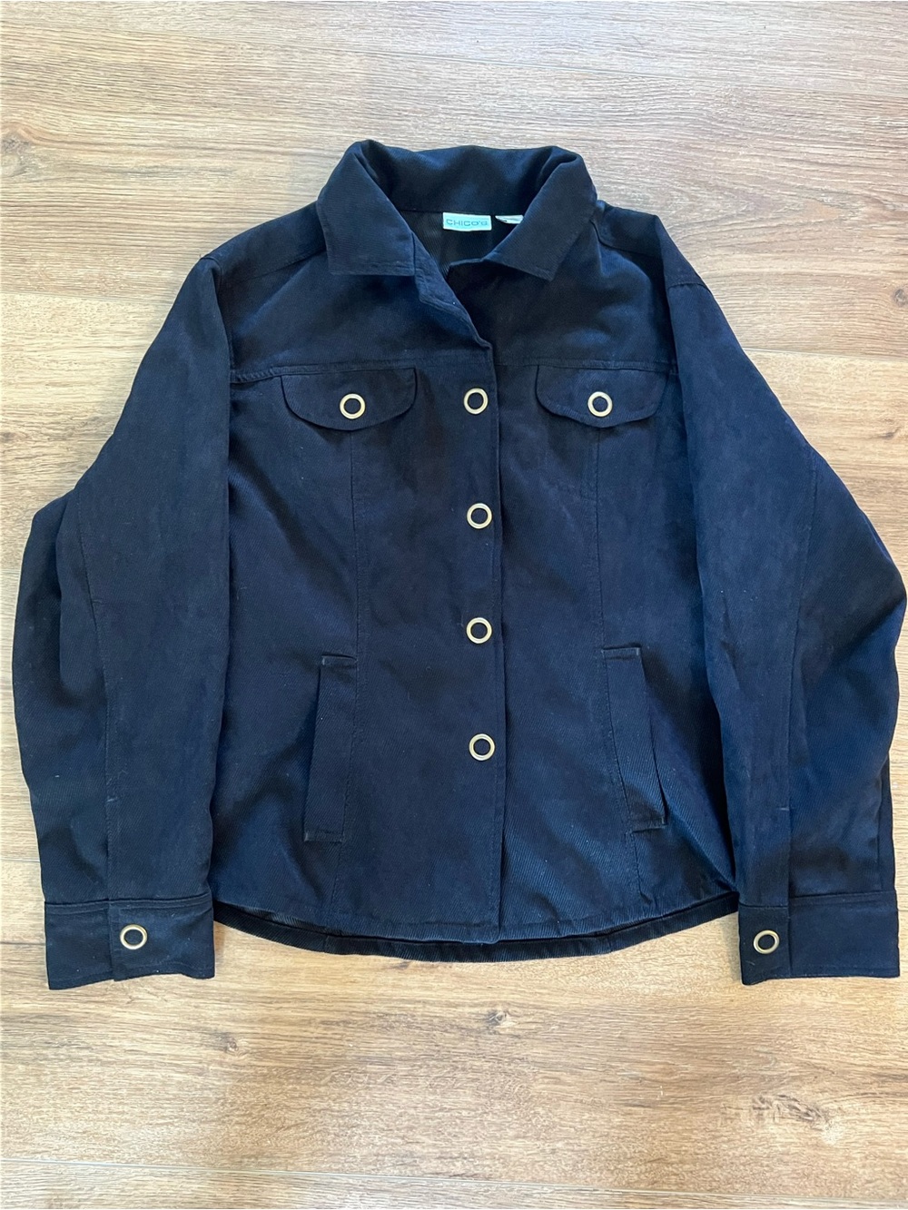 Chico's Black Button-Front Corduroy Jacket with Metal-Ring Buttons
